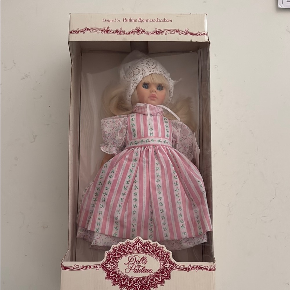 Vintage-Porcelain Holland Doll in Pink Dress with Lace Accents